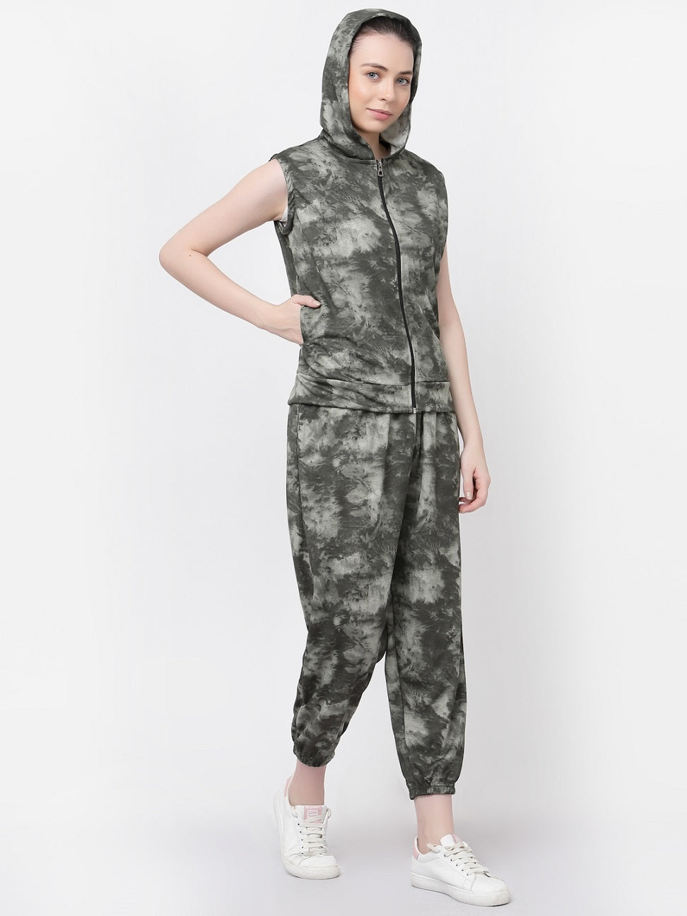 UZARUS Women's Relaxed Fit & Stretchable With Hoodie Neck Workout Jacket & Bottom Sets, Sleeveless Tracksuit Co-ord Set
