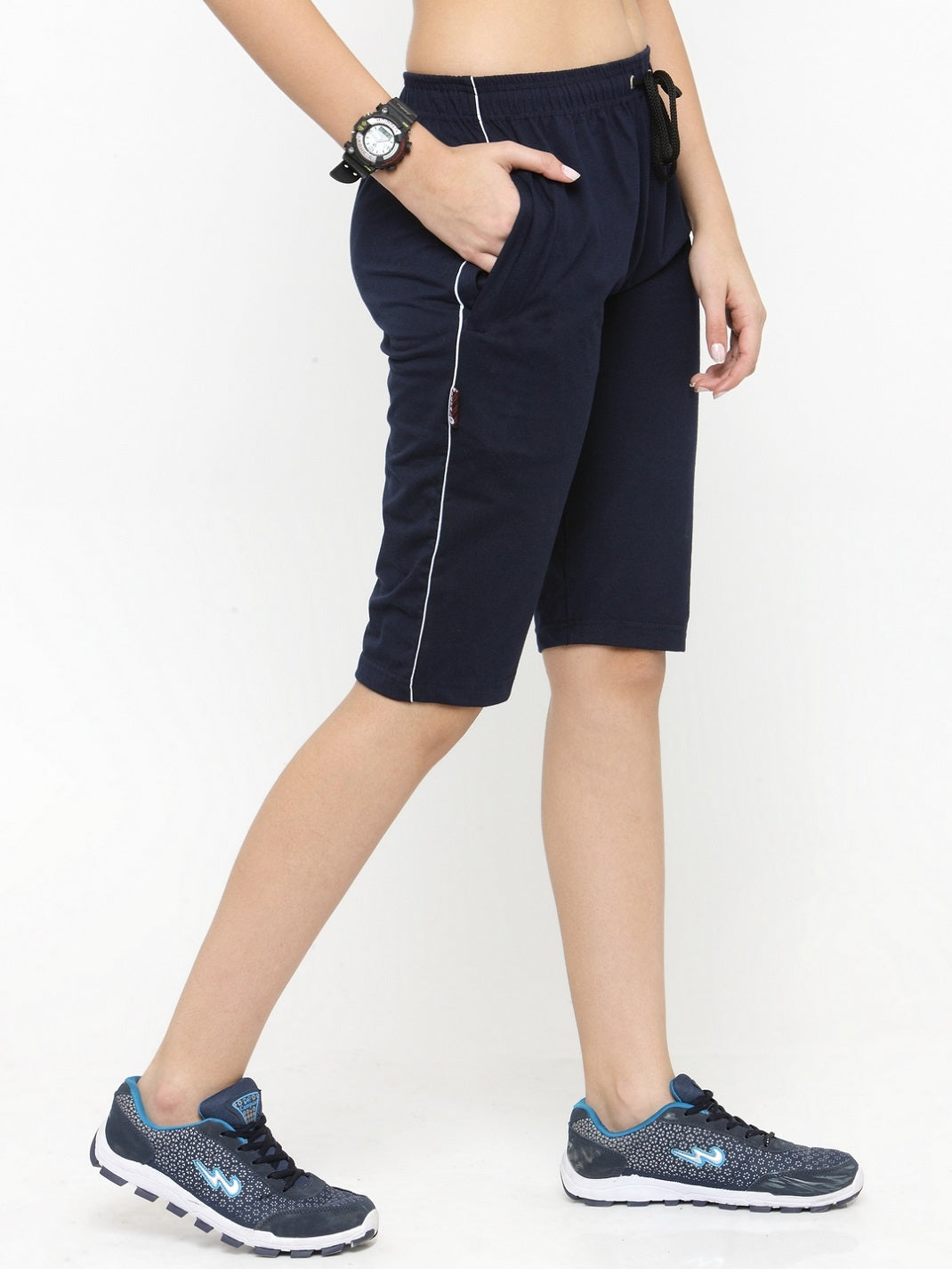 Women's Cotton Three Fourth Capri Shorts With Two Zippered Pockets