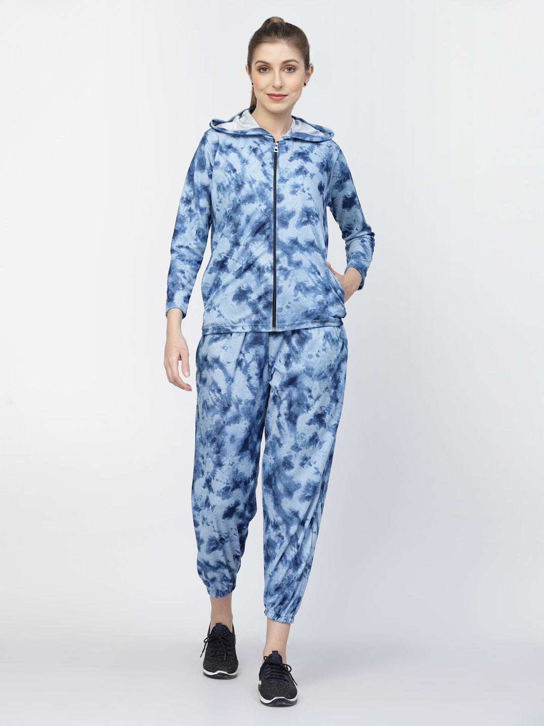 UZARUS Women Printed Hooded Zipper Full Sleeves Track Suit Co-ord Set