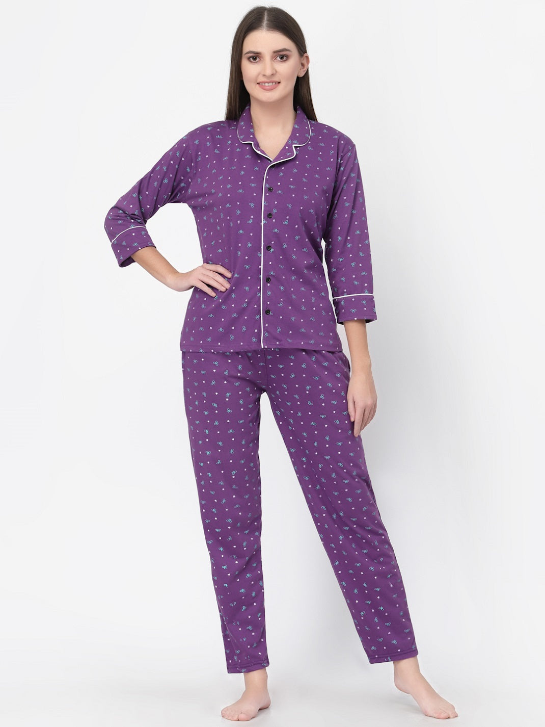 Uzarus Women's Cotton Printed Night Suit Set of Shirt & Pyjama