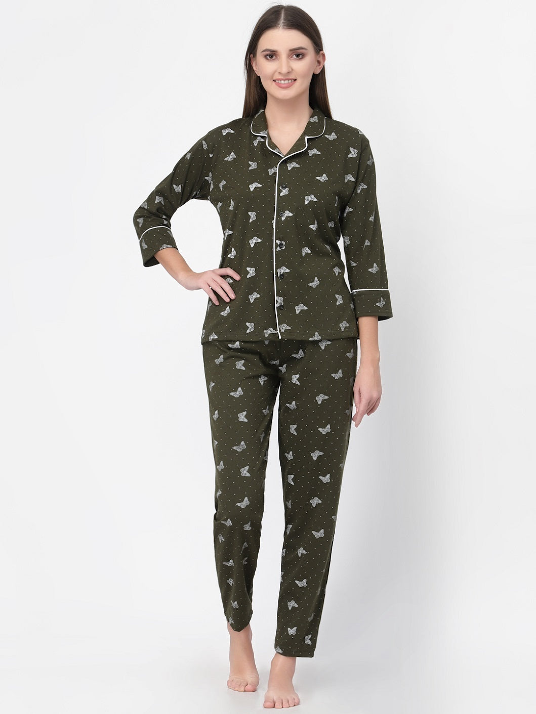 Uzarus Women's Cotton Printed Night Suit Set of Shirt & Pyjama