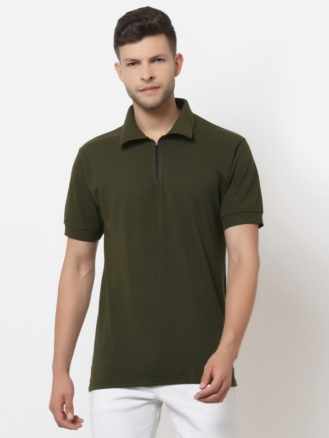 Men's Solid Cotton Regular Fit Zipper Polo T-Shirt