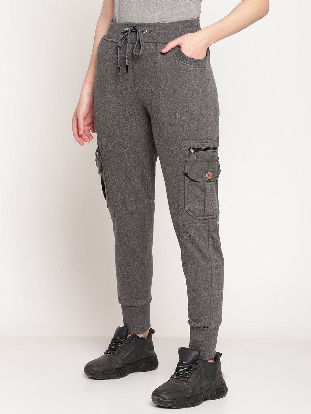 Women's Cotton Slim Fit Cargo Joggers Track Pants with 4 Zippered Pock