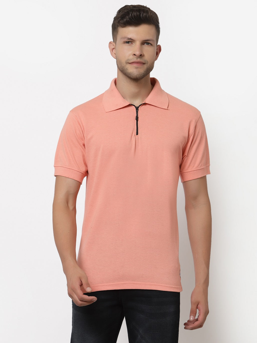 Men's Solid Cotton Regular Fit Zipper Polo T-Shirt