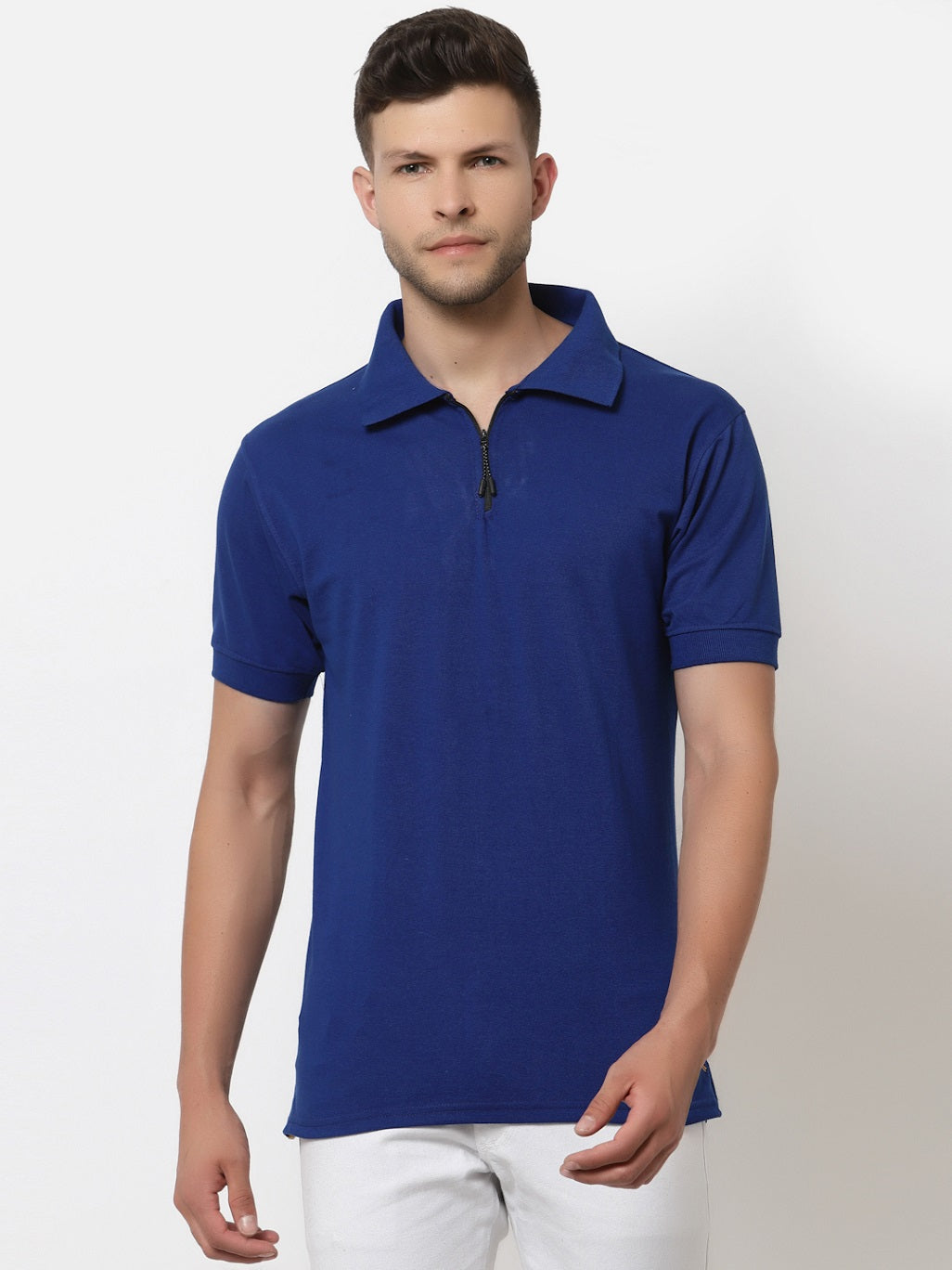 Men's Solid Cotton Regular Fit Zipper Polo T-Shirt