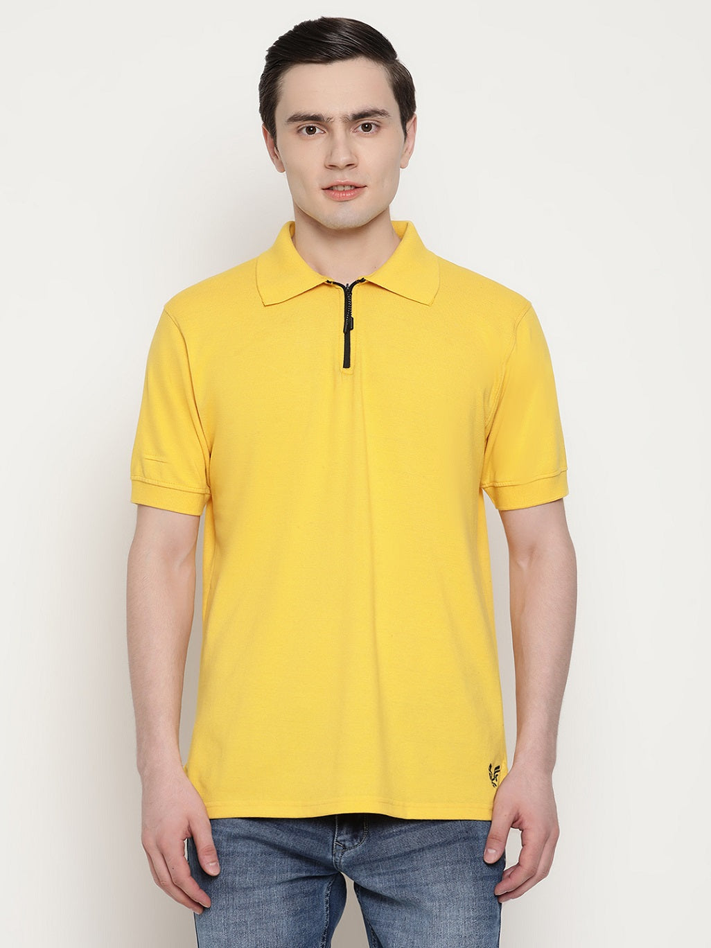 Men's Solid Cotton Regular Fit Zipper Polo T-Shirt