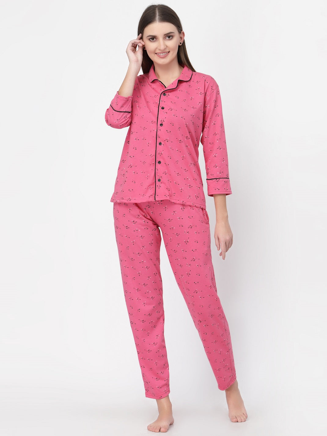 Uzarus Women's Cotton Printed Night Suit Set of Shirt & Pyjama