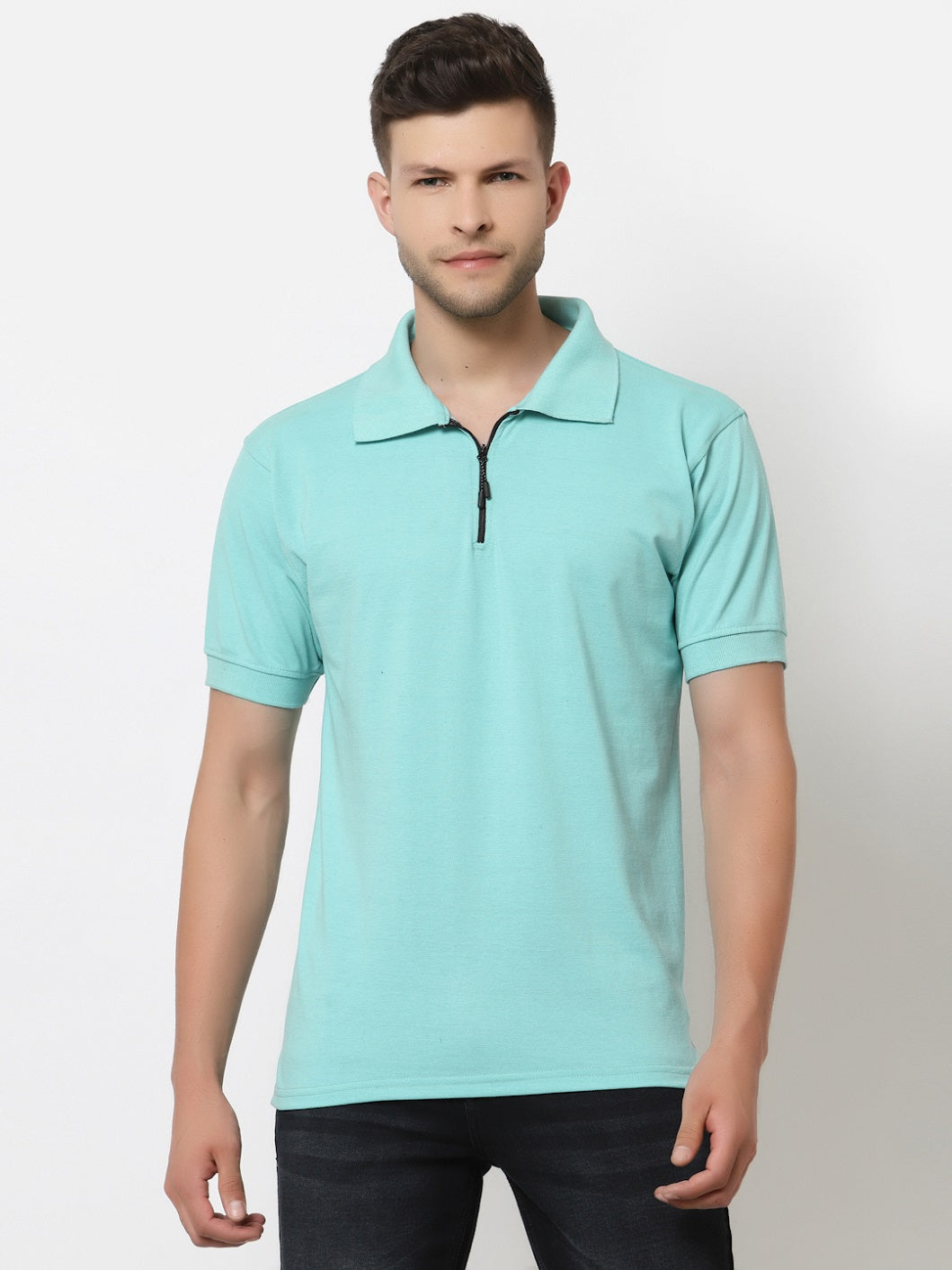 Men's Solid Cotton Regular Fit Zipper Polo T-Shirt