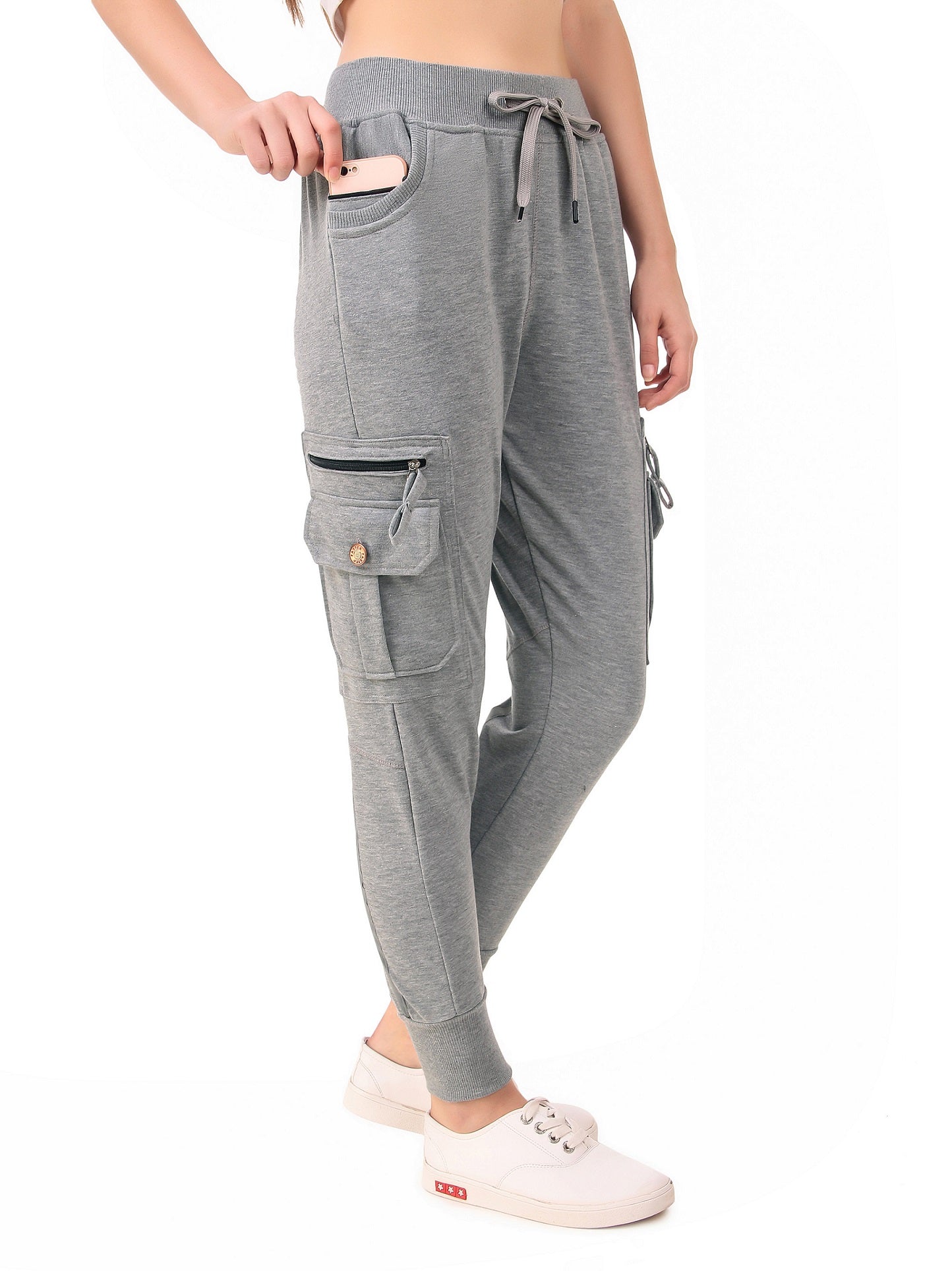 Women's Cotton Slim Fit Cargo Joggers Track Pants with 4 Zippered Pockets