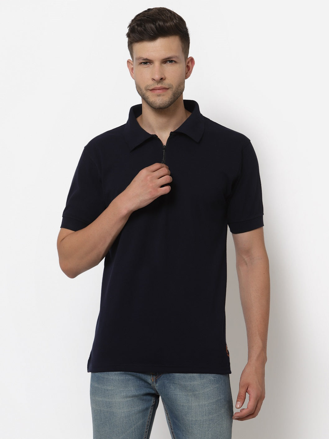 Men's Solid Cotton Regular Fit Zipper Polo T-Shirt