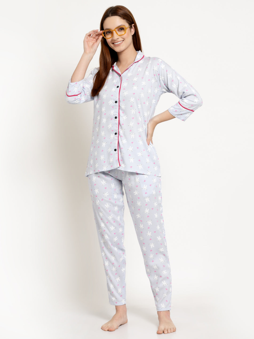 Uzarus Women's Cotton Printed Night Suit Set of Shirt & Pyjama