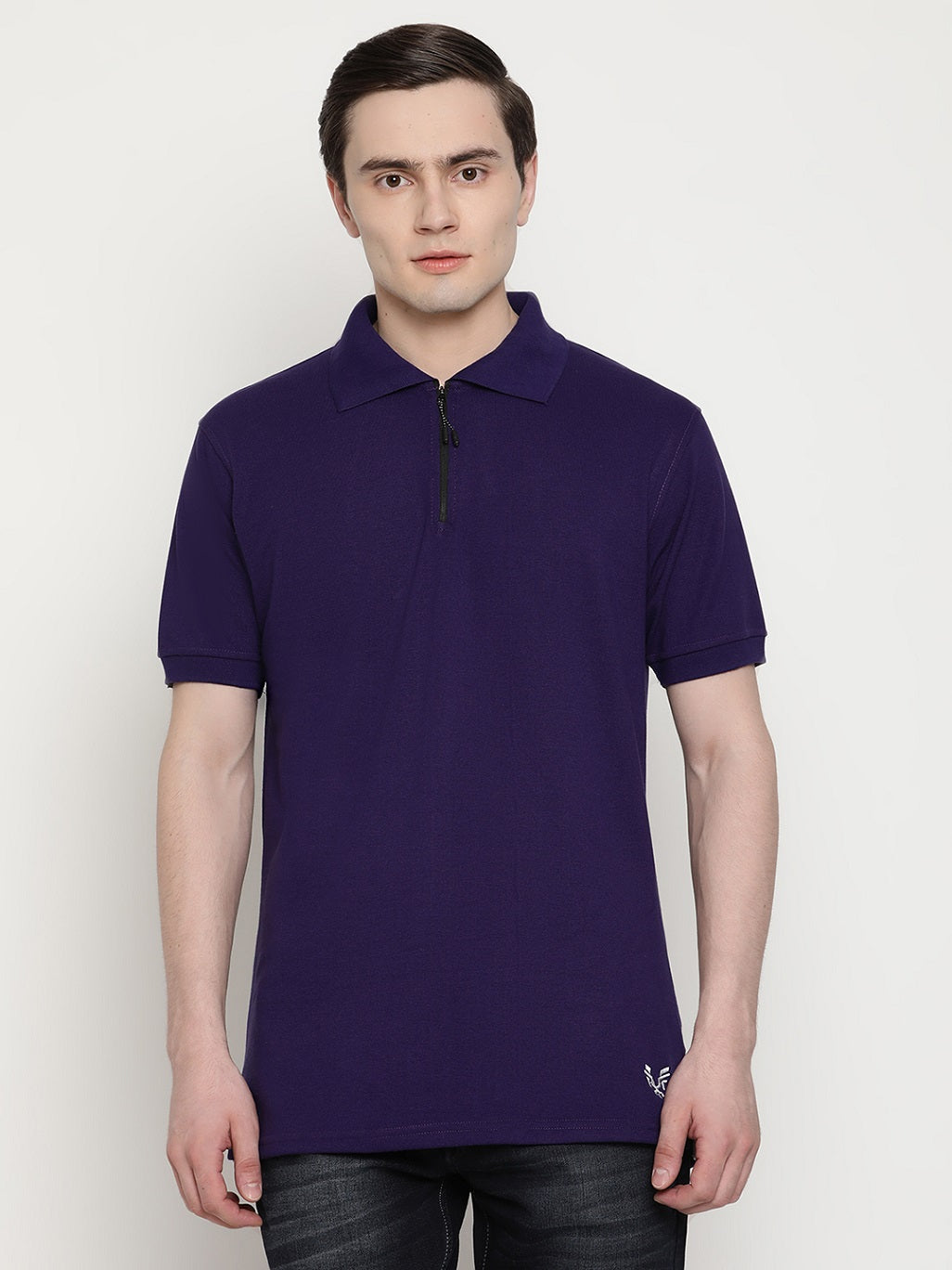 Men's Solid Cotton Regular Fit Zipper Polo T-Shirt