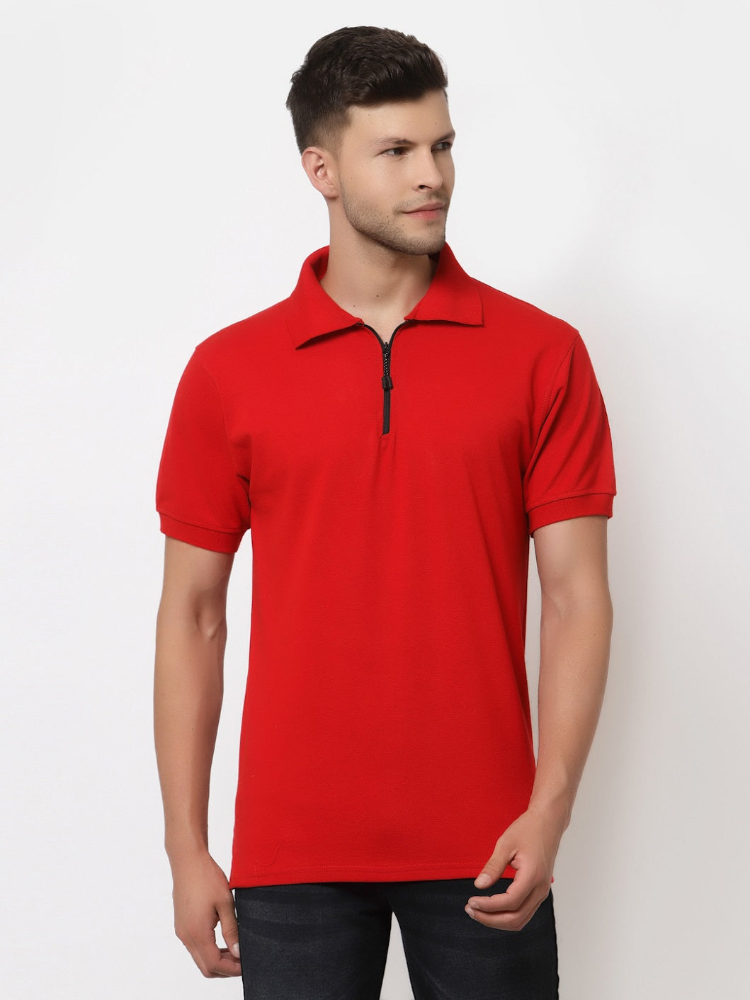 Men's Solid Cotton Regular Fit Zipper Polo T-Shirt