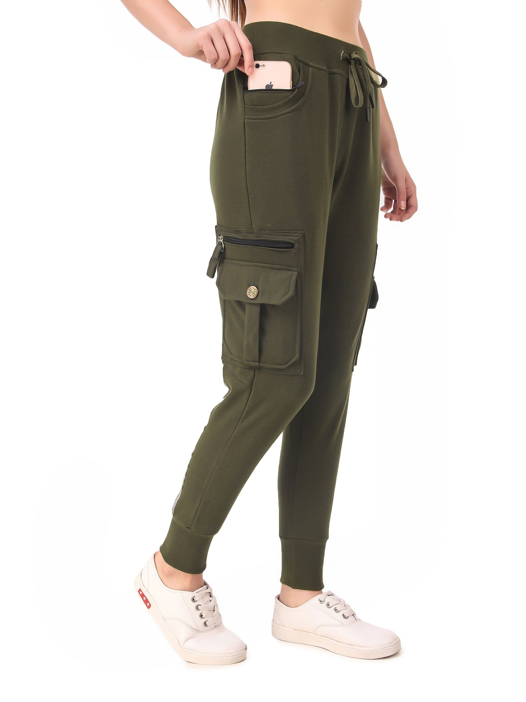 Women's Cotton Slim Fit Cargo Joggers Track Pants with 4 Zippered Pockets