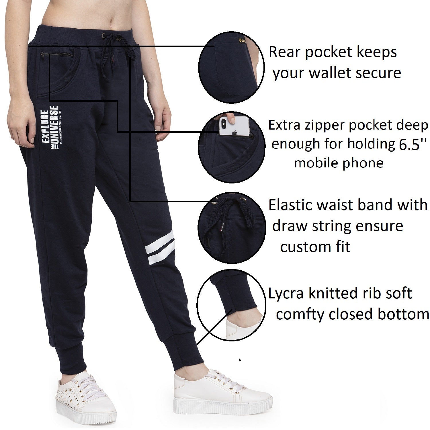 Women's Cotton Slim Fit Joggers Track Pants with 2 Zippered Pockets