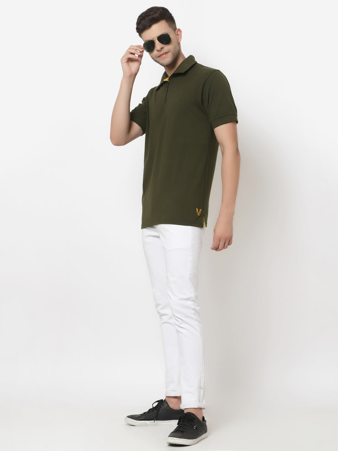 Men's Solid Cotton Regular Fit Zipper Polo T-Shirt