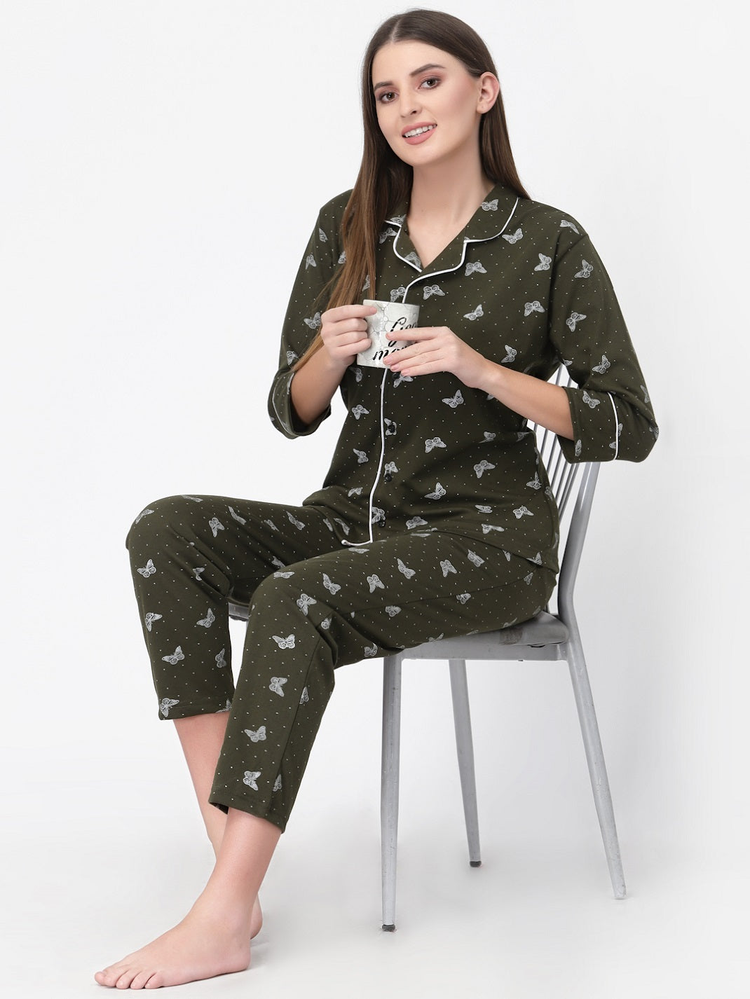 Uzarus Women's Cotton Printed Night Suit Set of Shirt & Pyjama