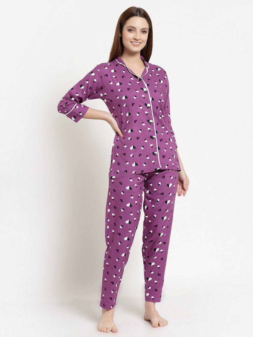 Uzarus Women's Cotton Printed Night Suit Set of Shirt & Pyjama
