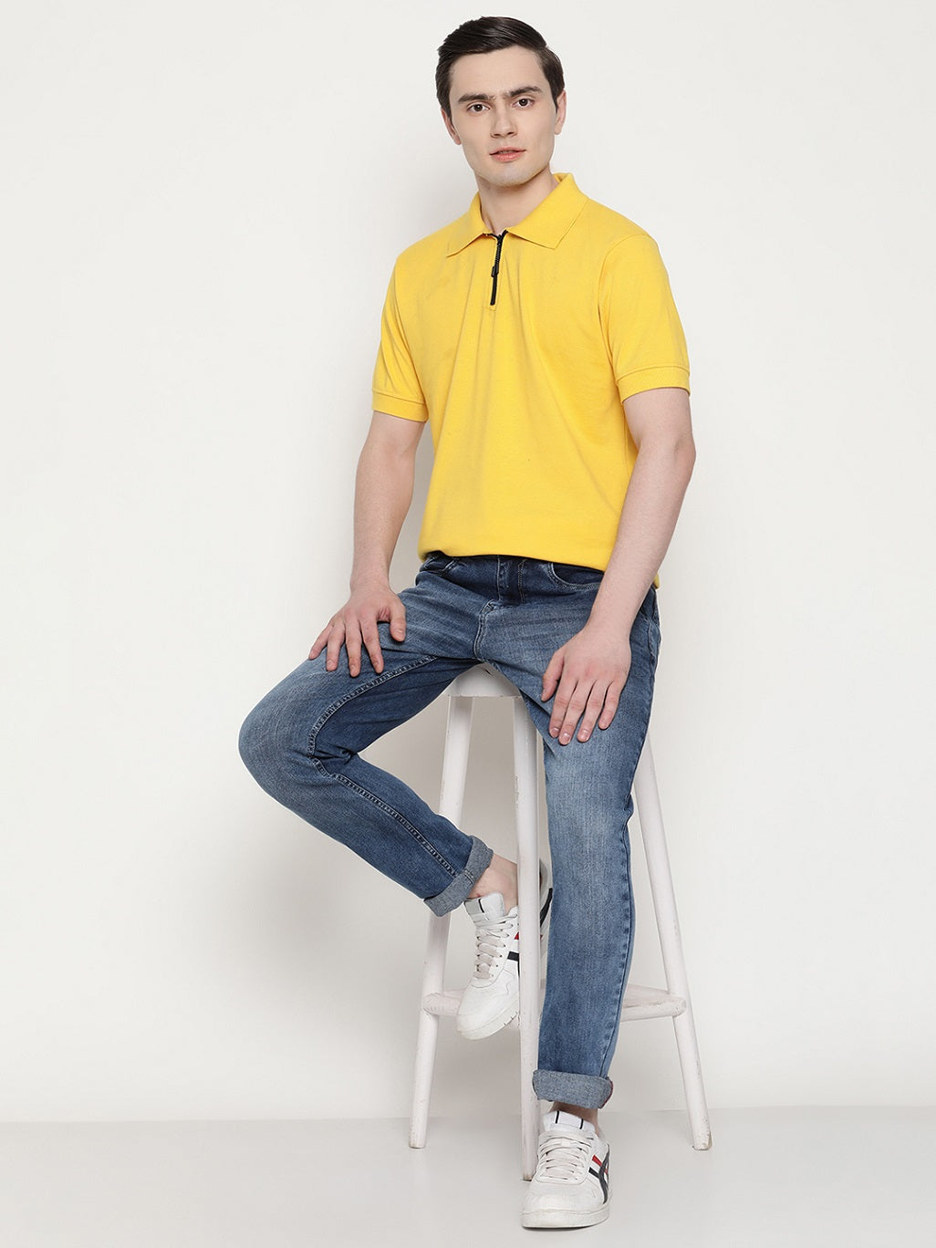 Men's Solid Cotton Regular Fit Zipper Polo T-Shirt