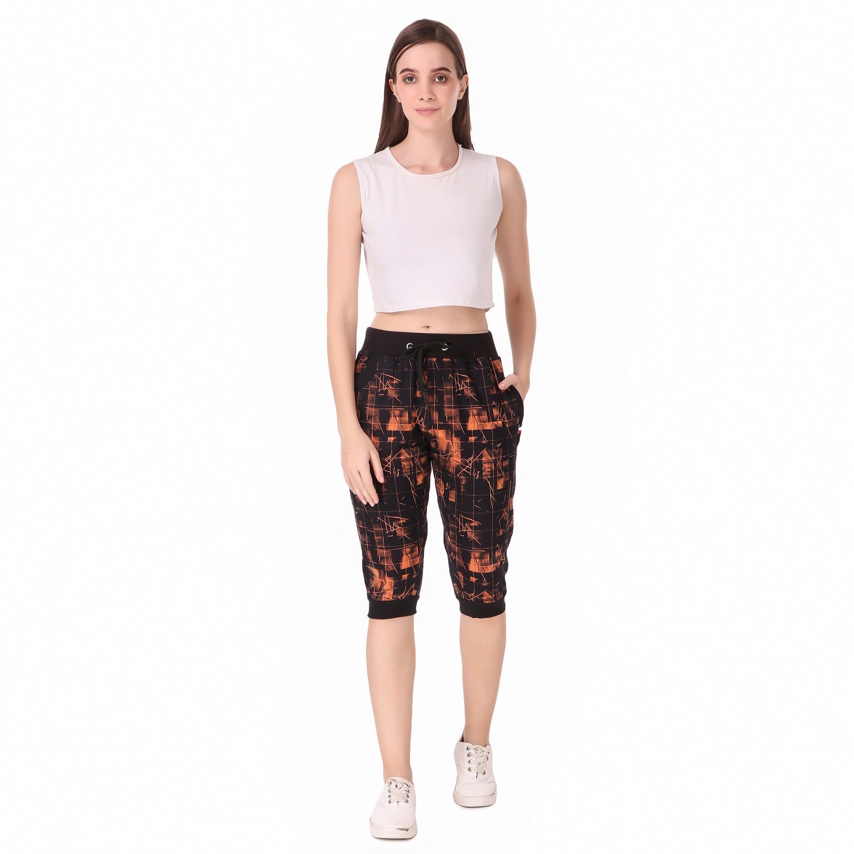 Women's Cotton Three Fourth Capri Shorts With Two Zippered Pockets