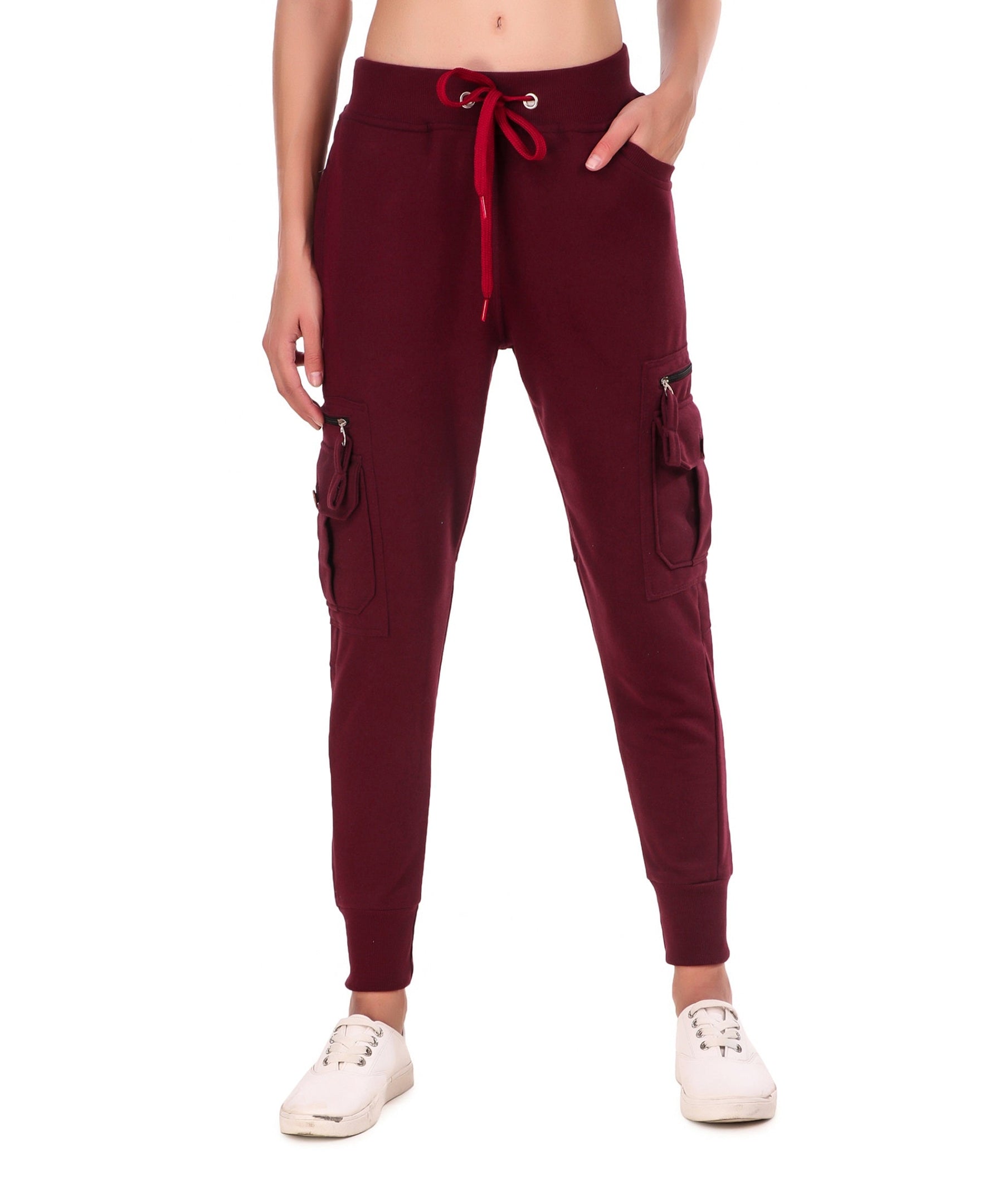 Women's Cotton Slim Fit Cargo Joggers Track Pants with 4 Zippered Pockets