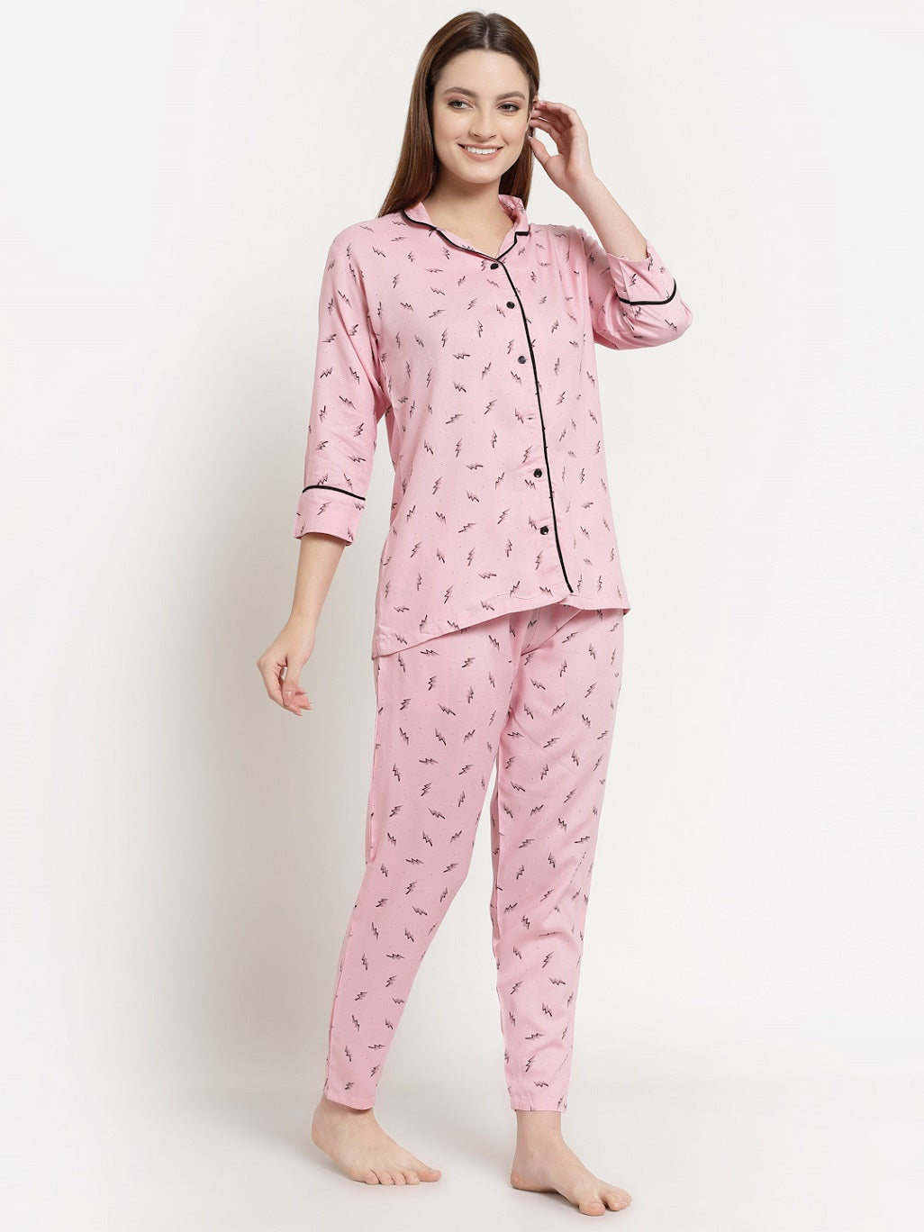 Uzarus Women's Cotton Printed Night Suit Set of Shirt & Pyjama