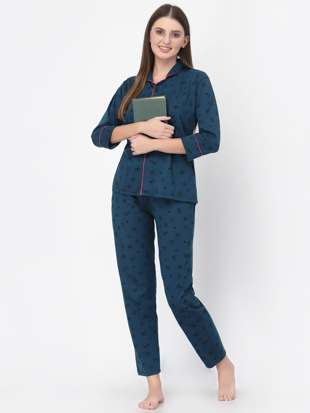 Uzarus Women's Cotton Printed Night Suit Set of Shirt & Pyjama