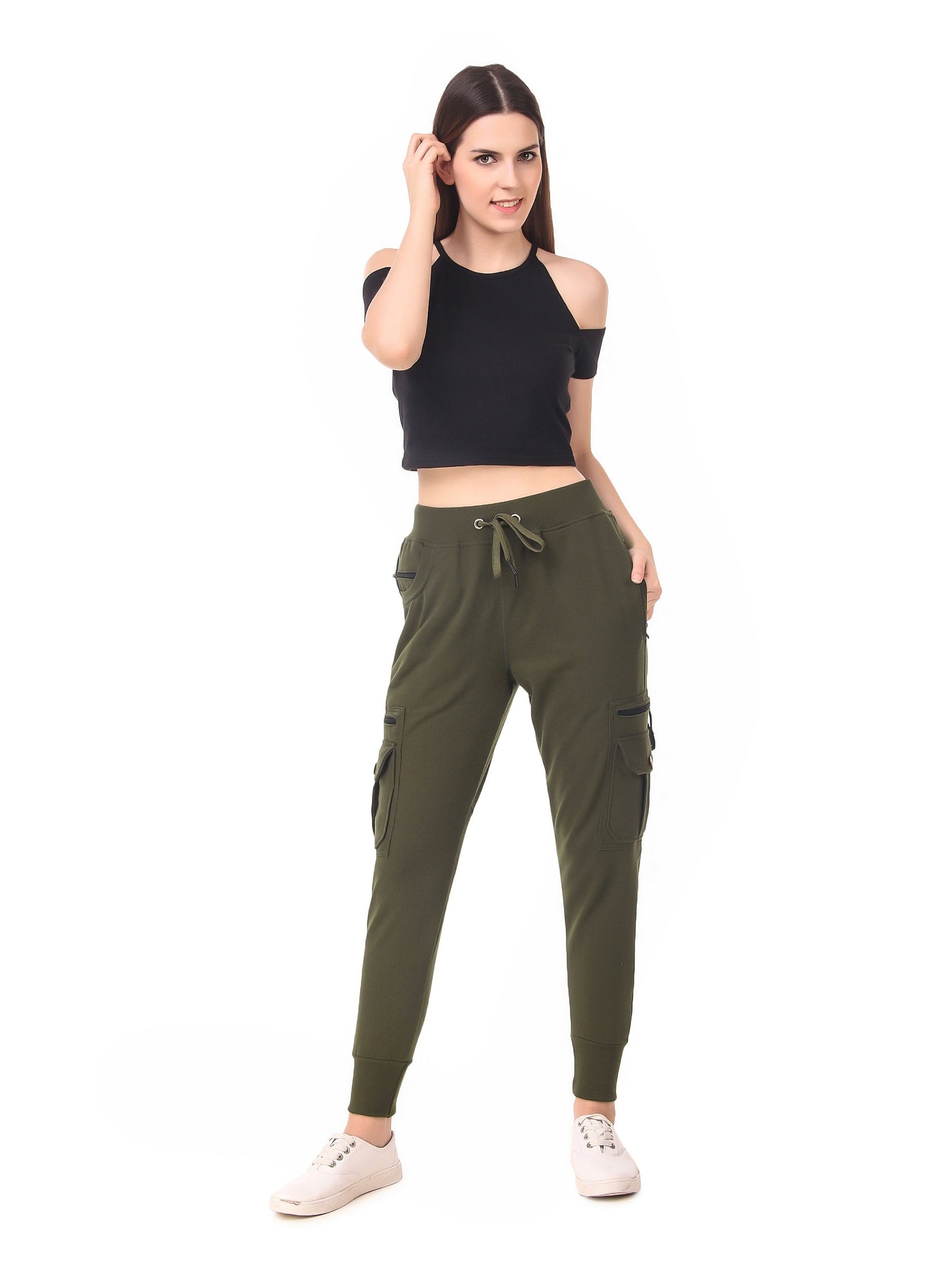 Women's Cotton Slim Fit Cargo Joggers Track Pants with 4 Zippered Pockets