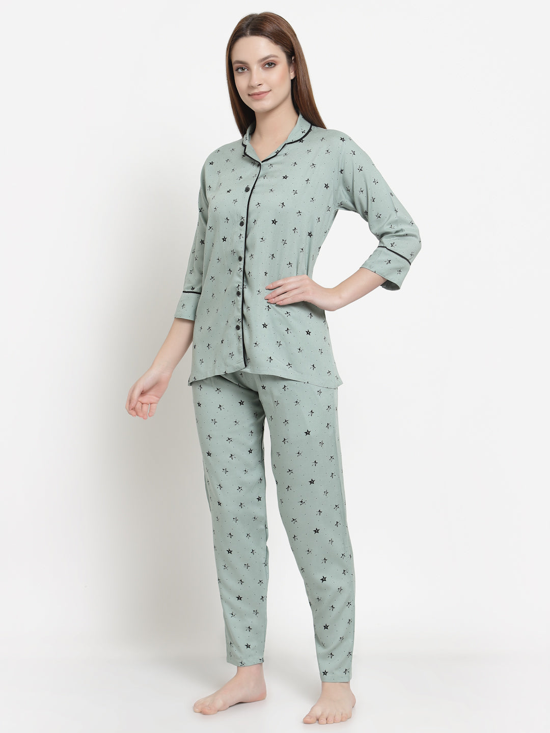 Uzarus Women's Cotton Printed Night Suit Set of Shirt & Pyjama