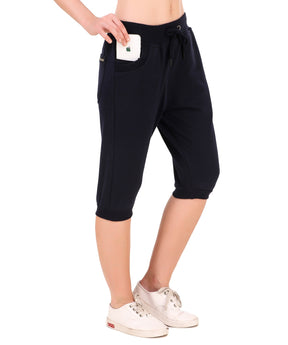 Women's Cotton Three Fourth Capri Shorts With Two Zippered Pockets