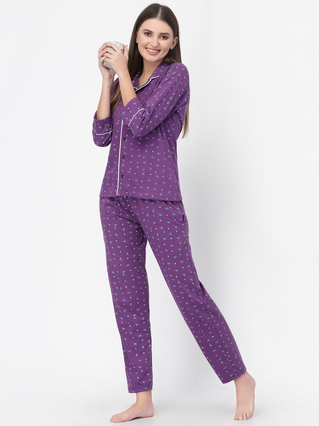 Uzarus Women's Cotton Printed Night Suit Set of Shirt & Pyjama