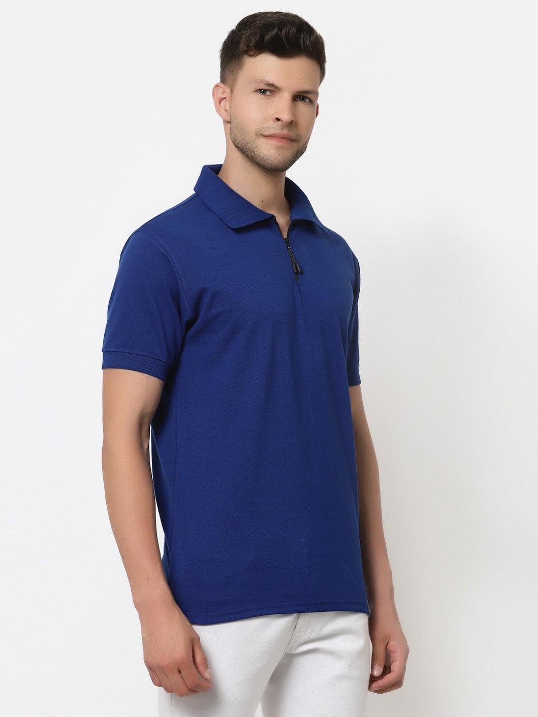 Men's Solid Cotton Regular Fit Zipper Polo T-Shirt