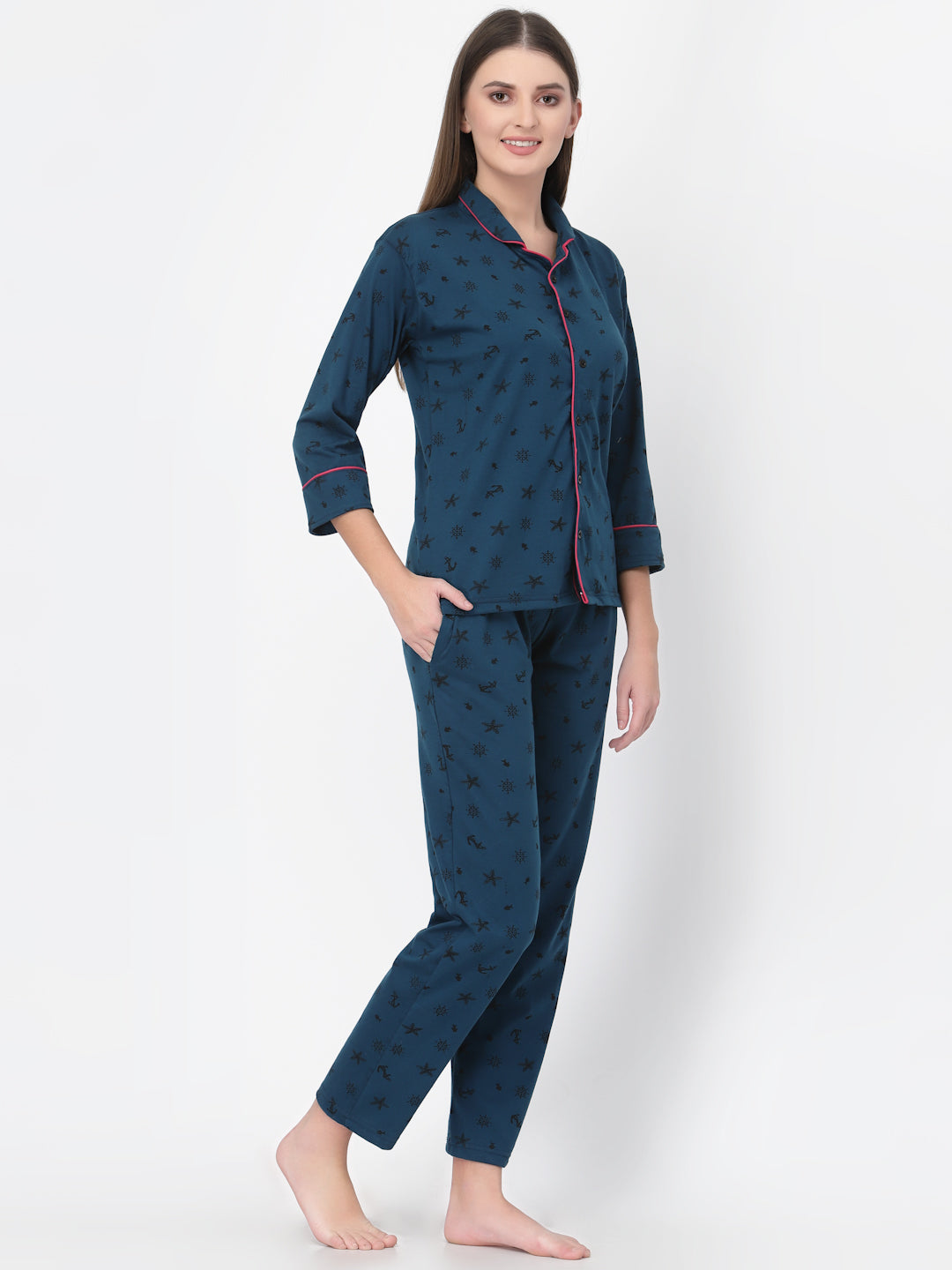 Uzarus Women's Cotton Printed Night Suit Set of Shirt & Pyjama