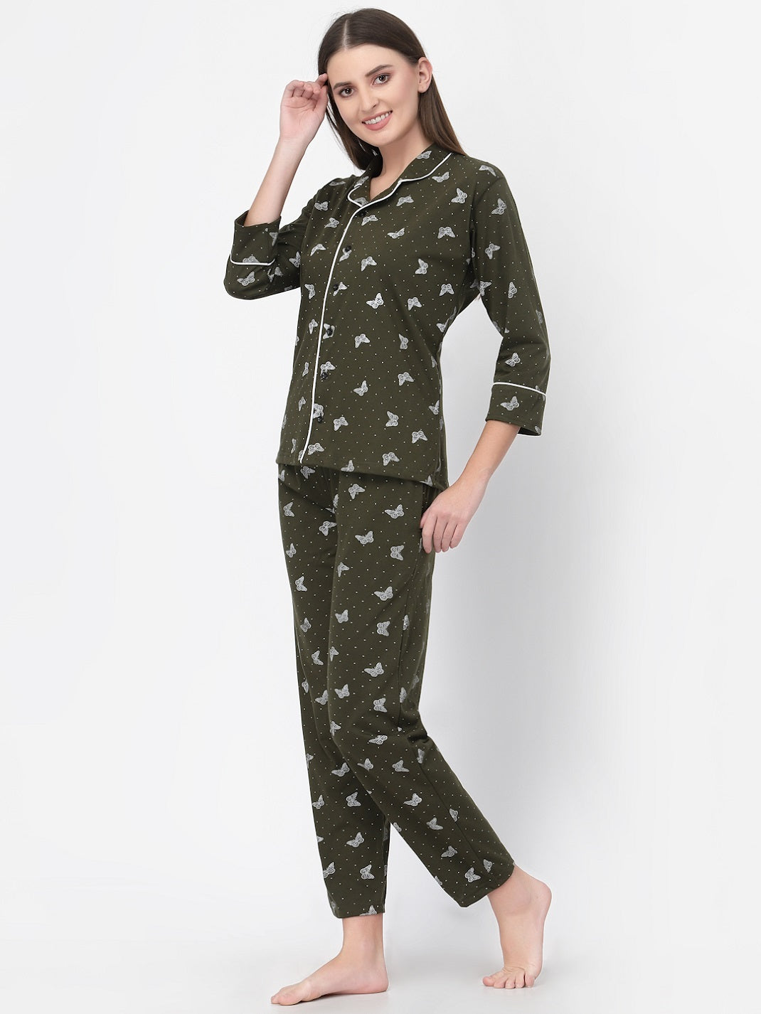 Uzarus Women's Cotton Printed Night Suit Set of Shirt & Pyjama