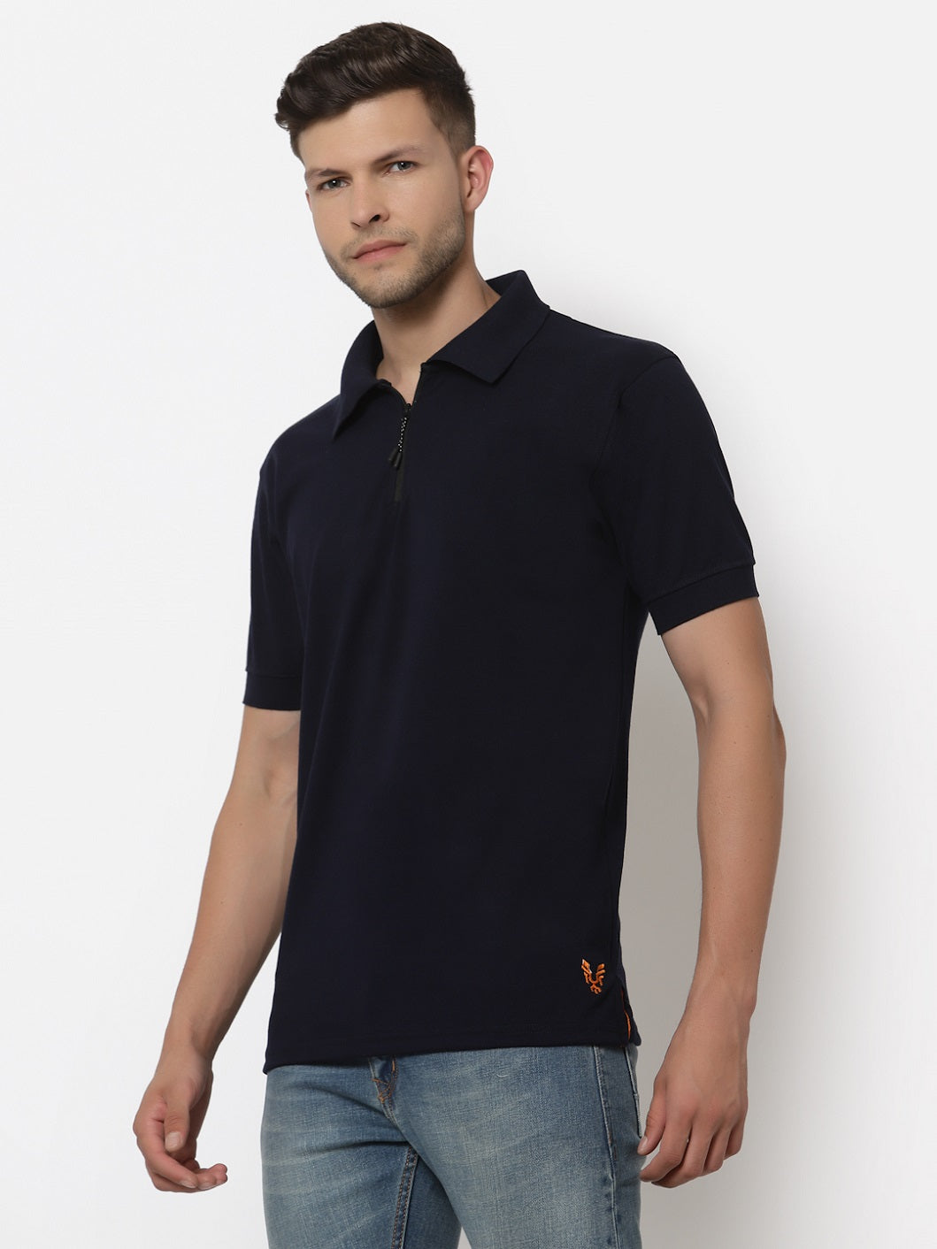 Men's Solid Cotton Regular Fit Zipper Polo T-Shirt