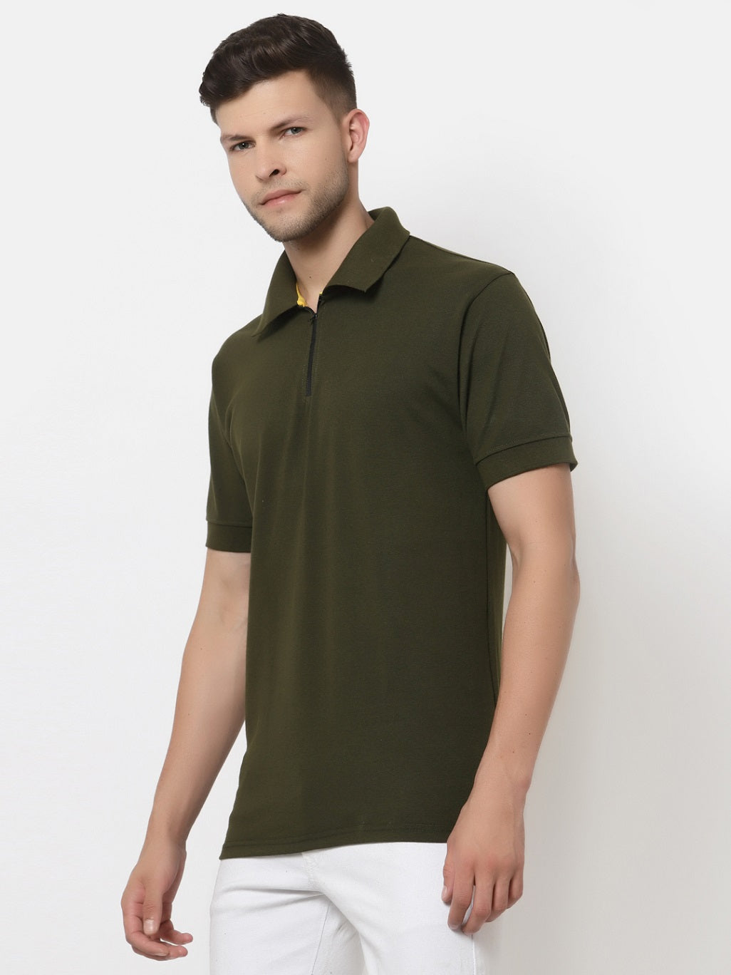 Men's Solid Cotton Regular Fit Zipper Polo T-Shirt