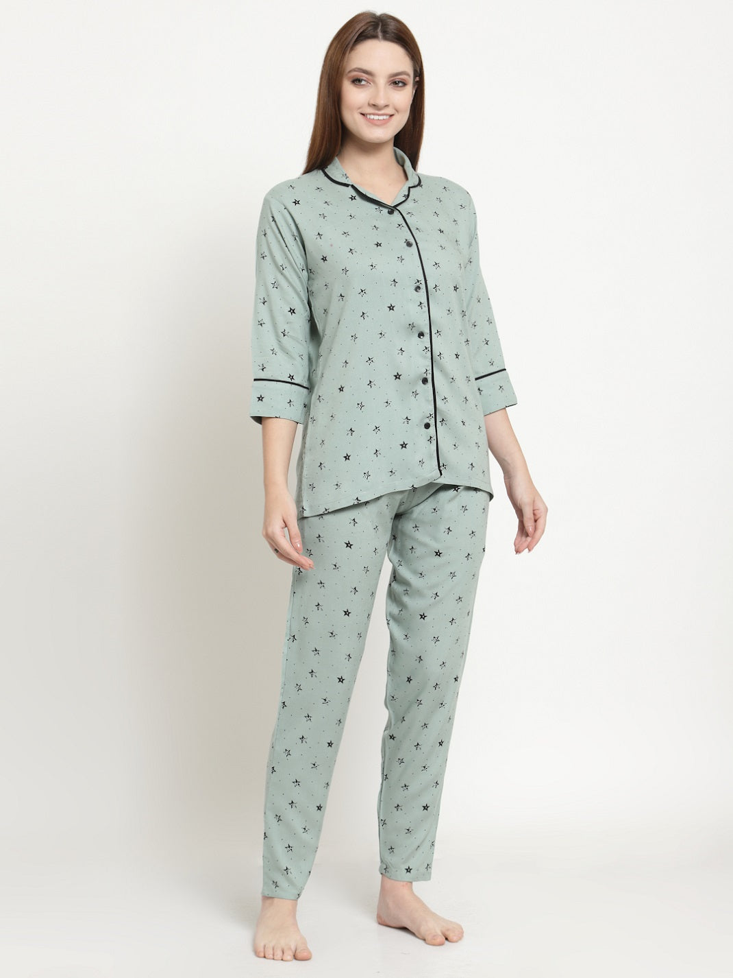 Uzarus Women's Cotton Printed Night Suit Set of Shirt & Pyjama