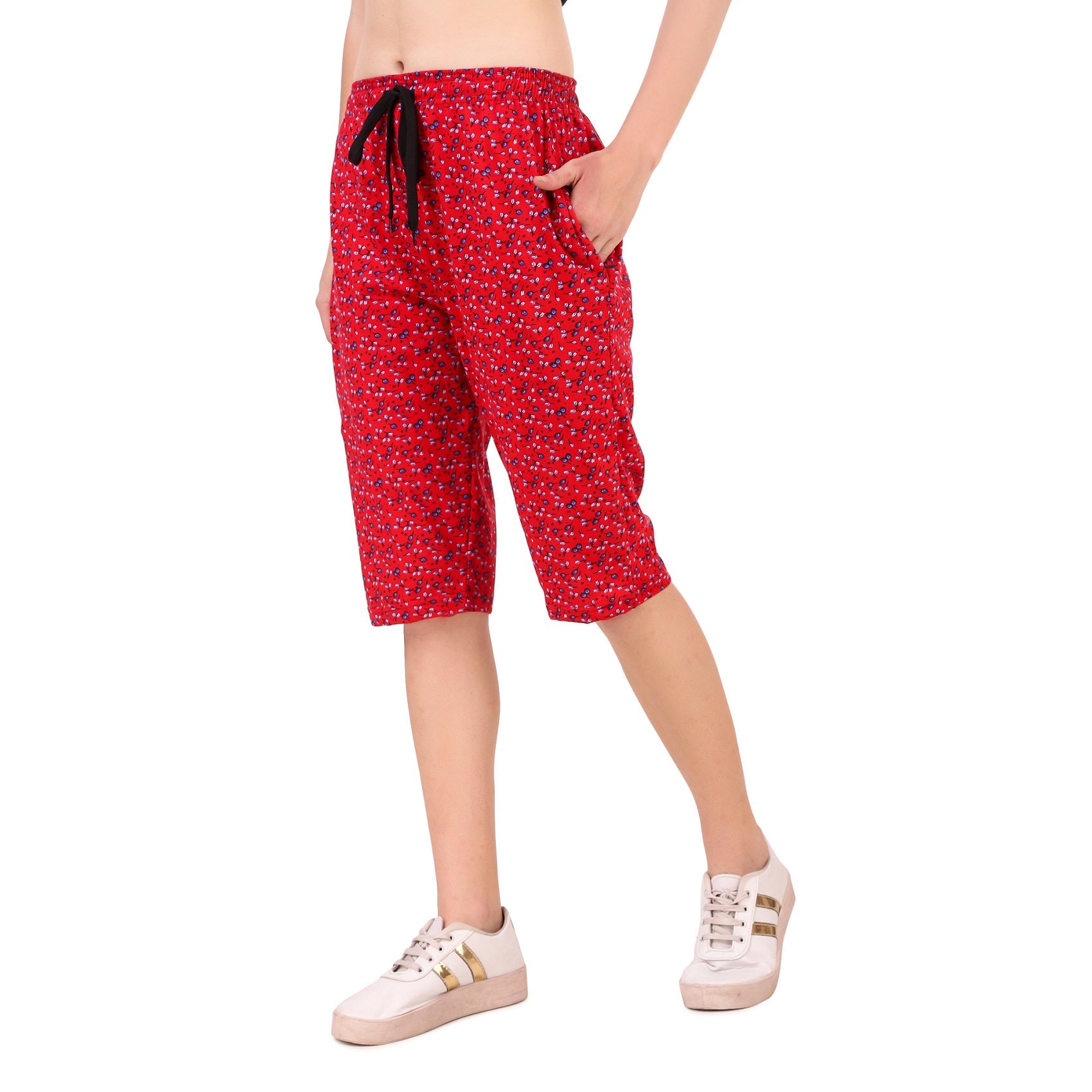 Women's Cotton Three Fourth Capri Shorts With Two Zippered Pockets