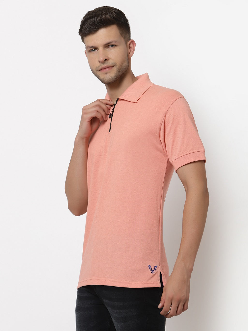 Men's Solid Cotton Regular Fit Zipper Polo T-Shirt
