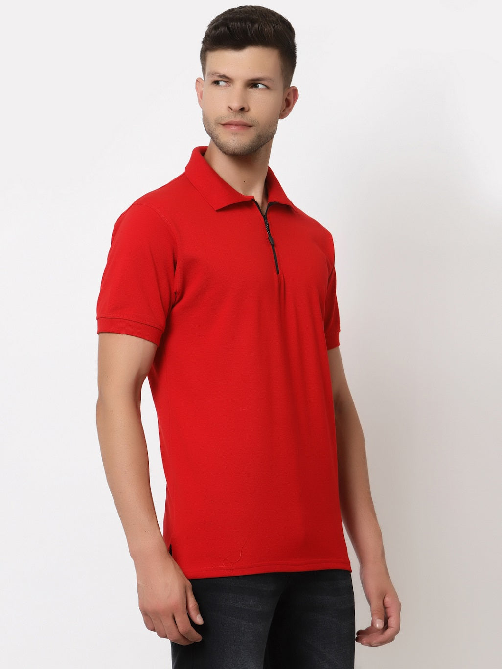Men's Solid Cotton Regular Fit Zipper Polo T-Shirt