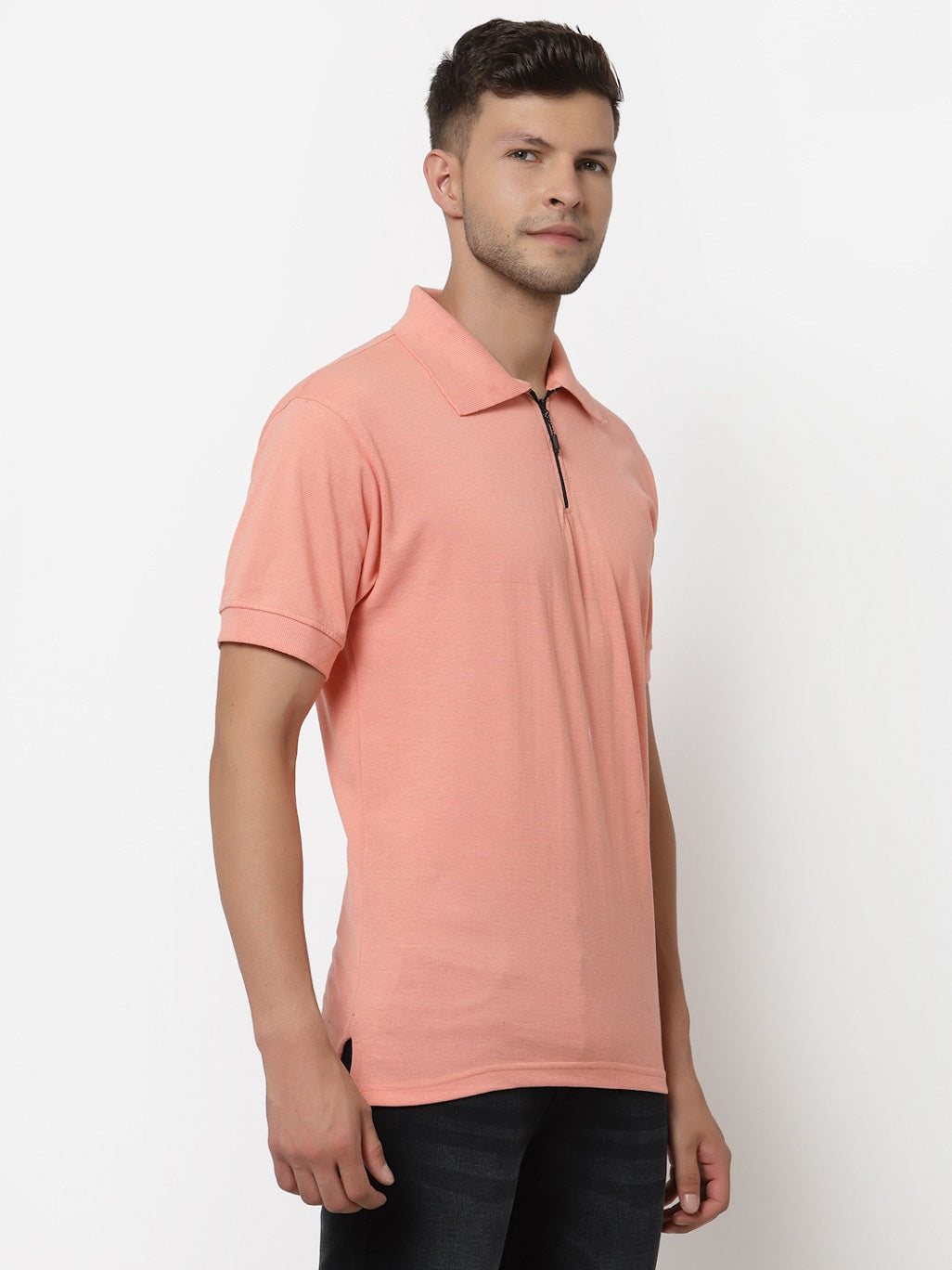 Men's Solid Cotton Regular Fit Zipper Polo T-Shirt