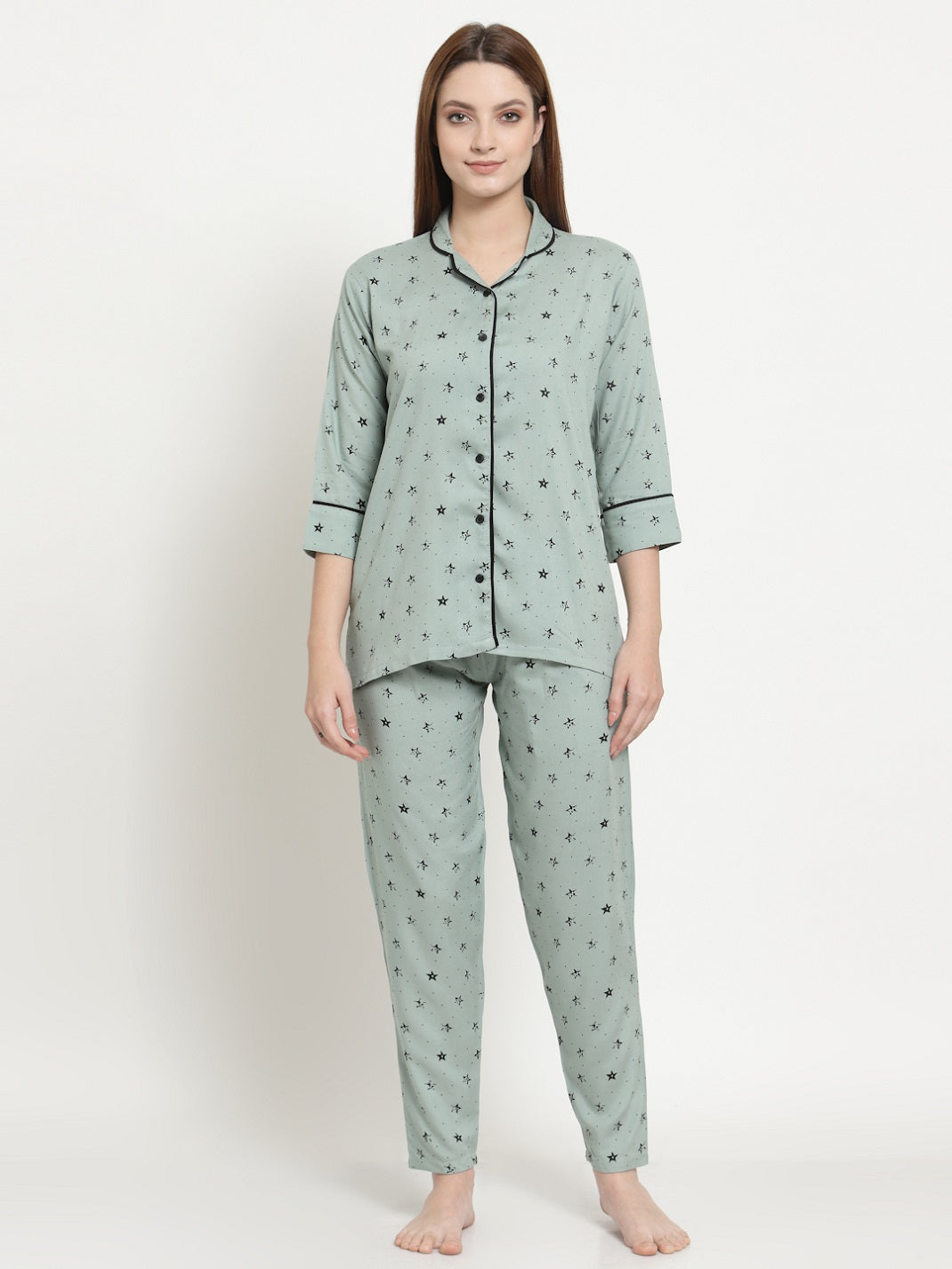 Uzarus Women's Cotton Printed Night Suit Set of Shirt & Pyjama