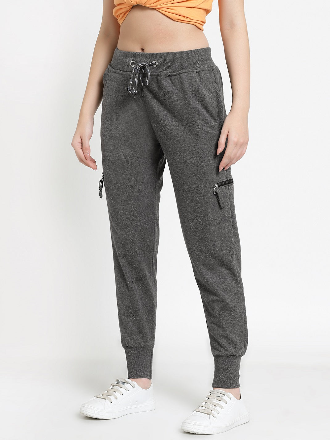 Women's Cotton Regular Fit Joggers Track Pants with 4 Zippered Pockets