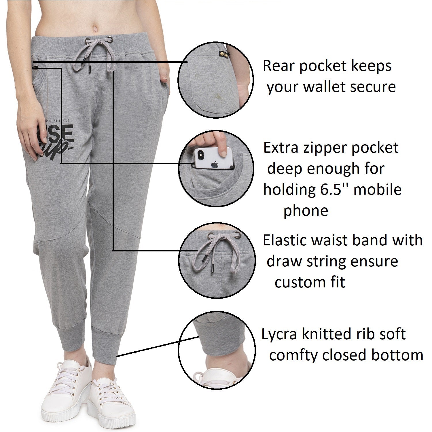 Women's Cotton Slim Fit Joggers Track Pants with 2 Zippered Pockets
