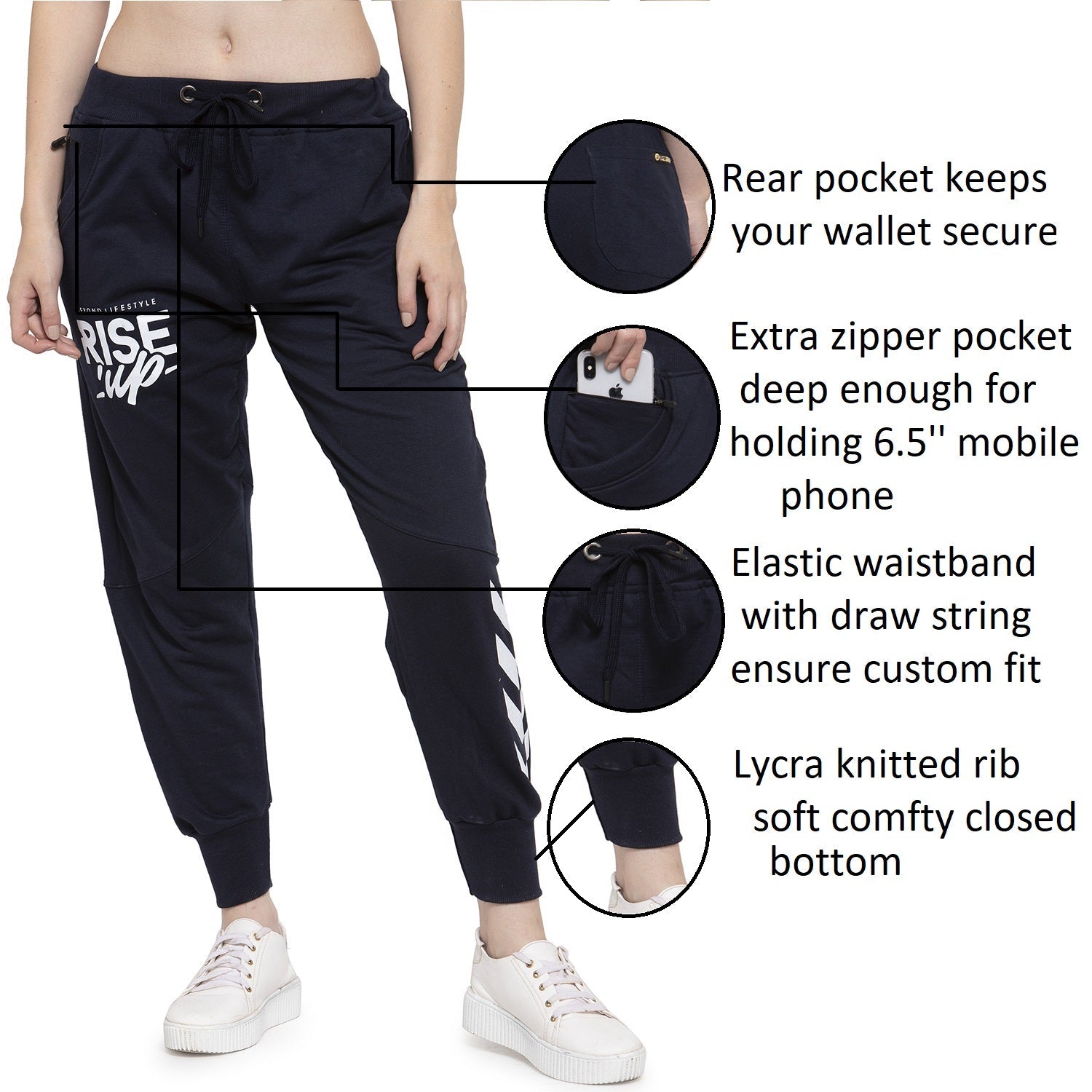 Women's Cotton Slim Fit Joggers Track Pants with 2 Zippered Pockets
