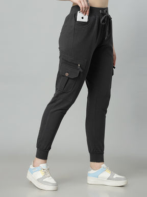 Women's Cotton Slim Fit Cargo Joggers Track Pants with 4 Zippered Pockets