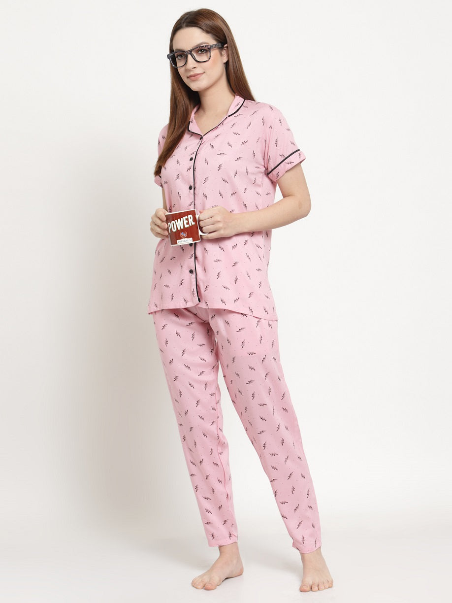 Uzarus Women's Cotton Regular Fit Printed Night Suit Set of Shirt & Pyjama