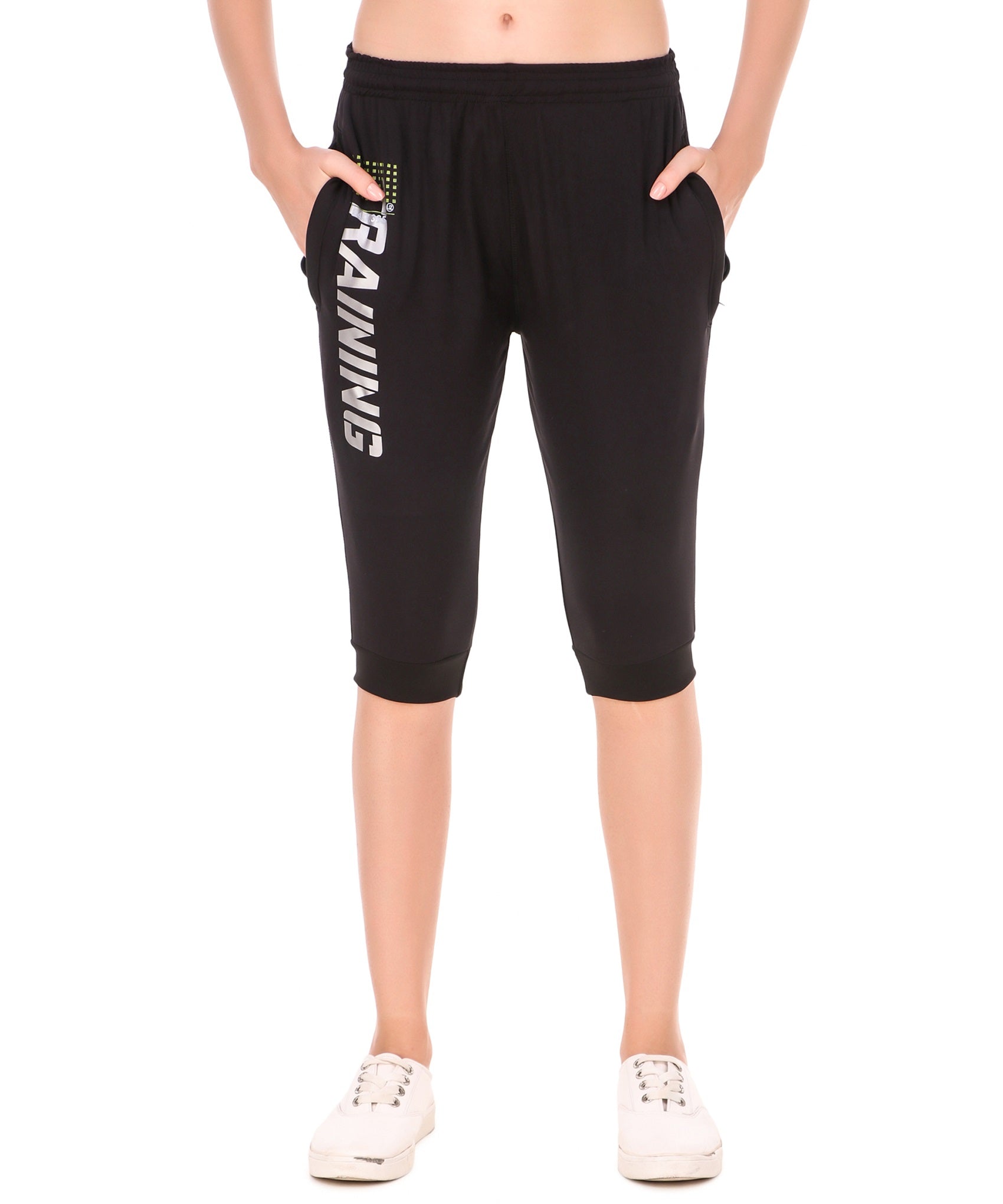 Women's Stretchable Lycra 3/4th Capri with 2 Zippered Pockets for Gym, Yoga, Workout and Casual Wear
