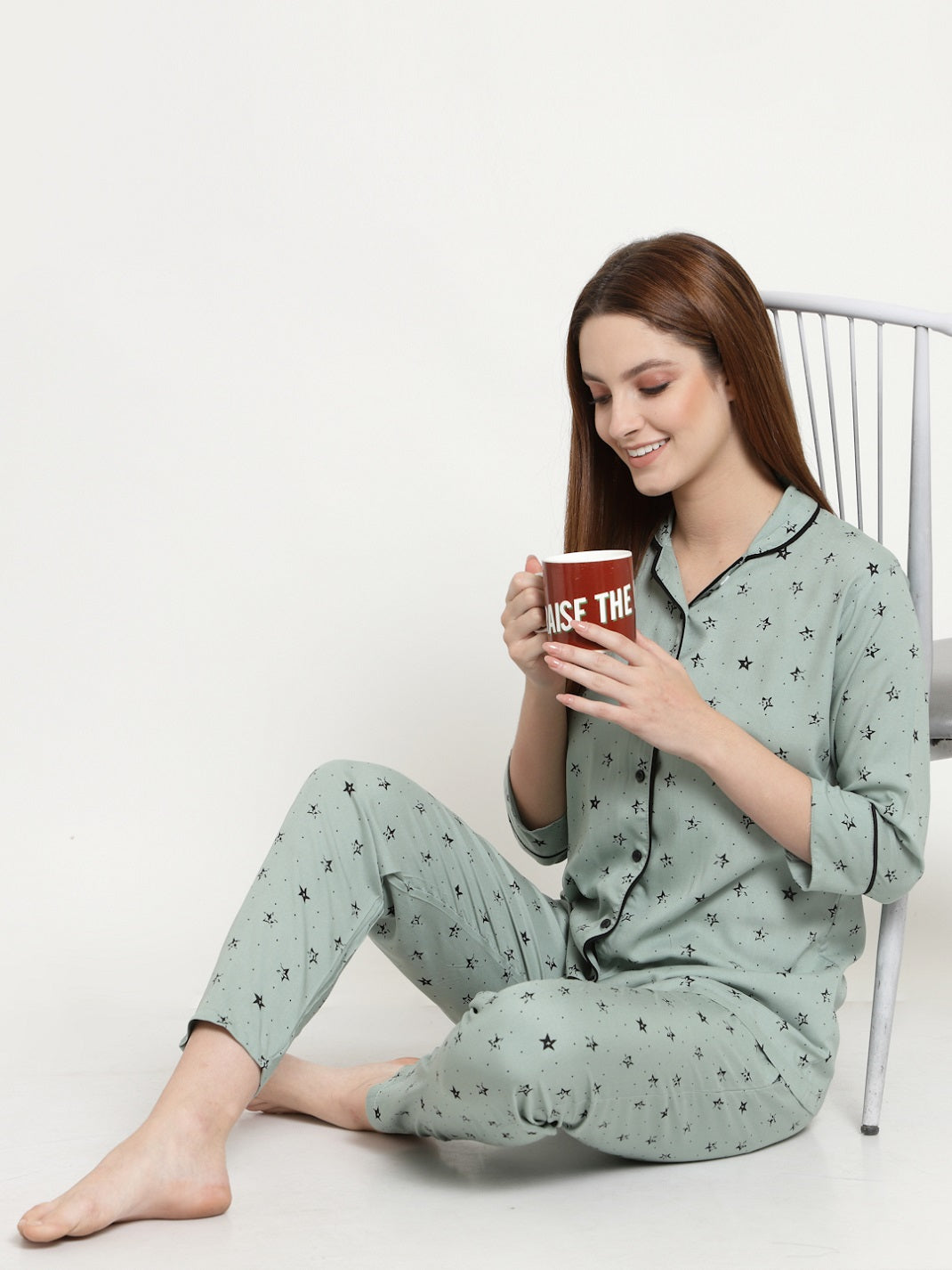 Uzarus Women's Cotton Printed Night Suit Set of Shirt & Pyjama