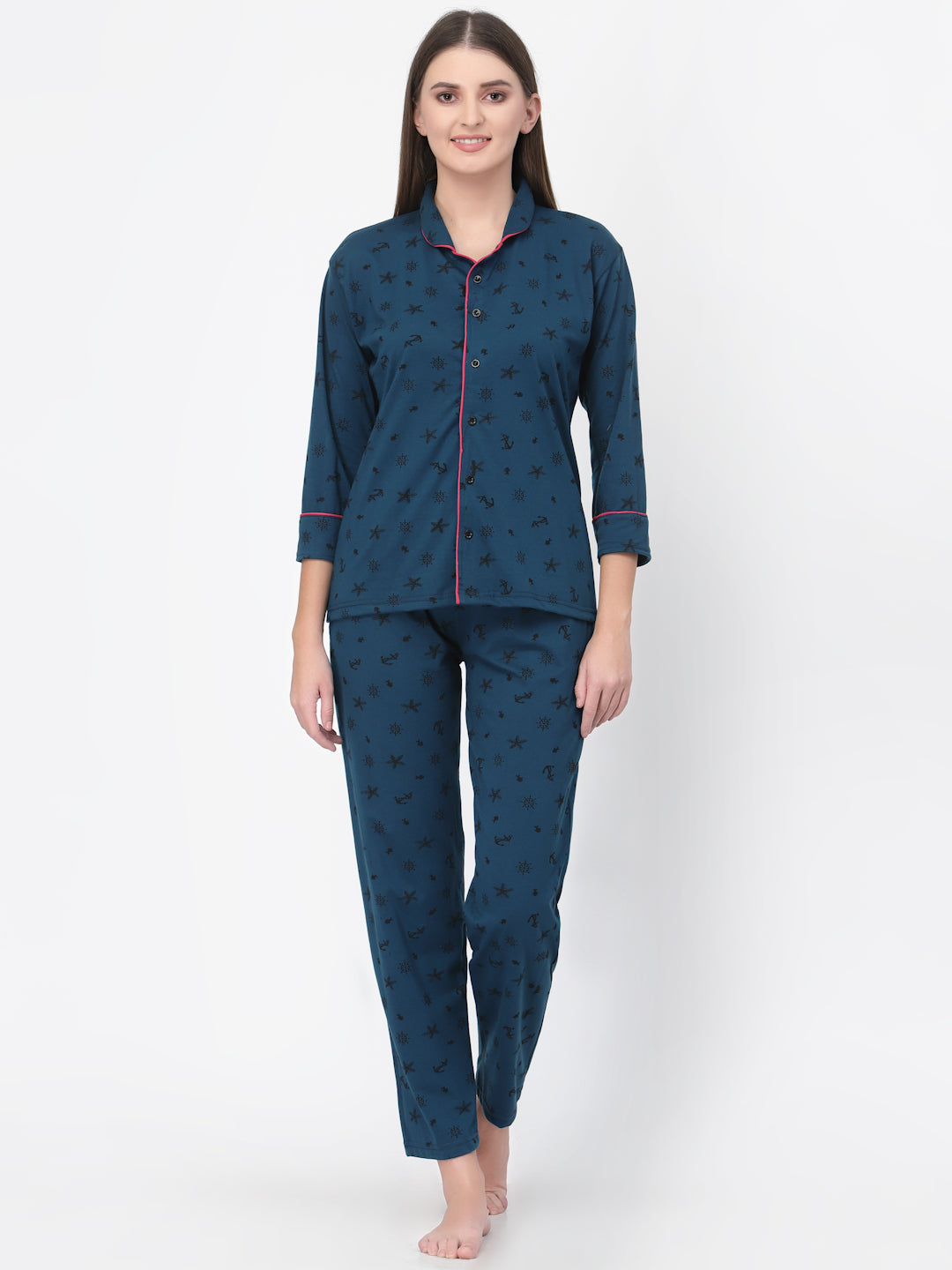 Uzarus Women's Cotton Regular Fit Printed Night Suit Set of Shirt & Py